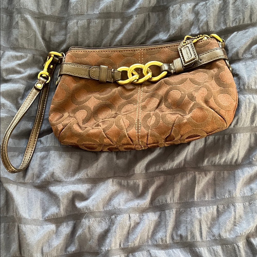 Coach Tan and Gold Wristlet Clutch